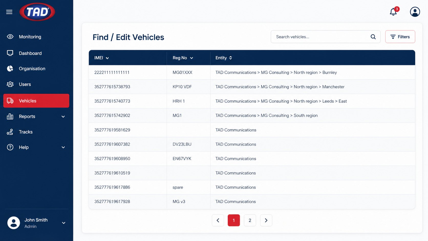 Find and Edit Vehicles table listing IMEI, registration number and entity