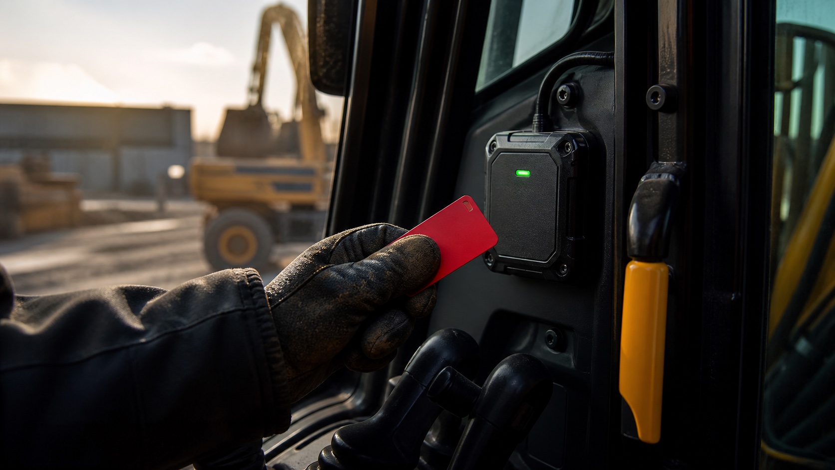 A gloved plant operator holding a red TAD i-am Bluetooth Tag beside the cab-mounted unit, its green light showing the machine is authorised